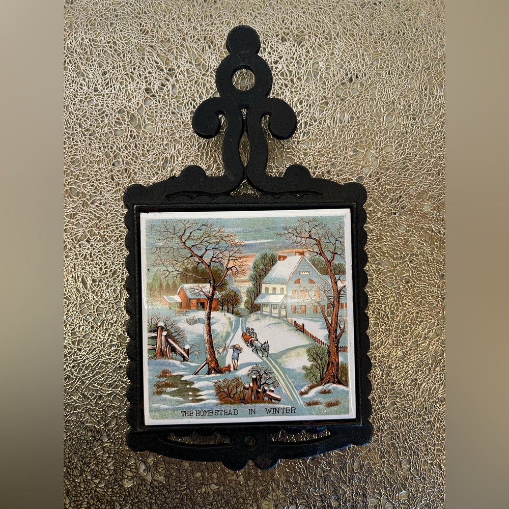 Vintage Currier and Ives Trivet Homestead in the Winter Black Iron & Tile Enesco